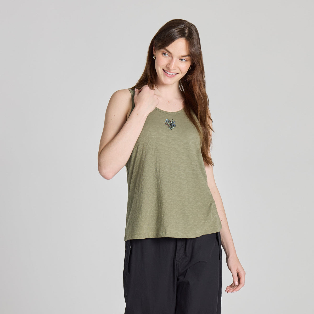 Women's Embroidered Orchid Bouquet Slub Easy Fit Tank product image 1